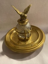 Amazing 19th C. Gold Plated Hummingbird, Brass & Crystal Inkwell picture