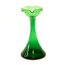 Vintage Forest Green Glass Trumpet Scalloped Rim Flower Vase 8