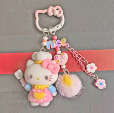 Cute Kawaii Pink Plush Character Keychain Bag Charm Beaded Bow Flower Gift picture
