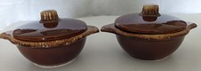 RARE Set 2 VTG Hull Pottery Brown Drip Glaze Soup Bowl  w/ Tab Handles & Lids 5
