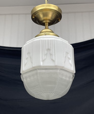 RESTORED Antique Vtg Art Deco Ceiling Light Skyscraper Schoolhouse White & Clear picture