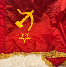 Vintage USSR Flag Gold Fringe Soviet Union Banner Hammer Sickle Star 3'x5' picture