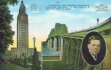 Louisiana's Two Greatest Monuments Built by Senator Long Linen Vintage Postcard picture