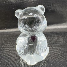 Vintage Fenton Clear Glass Bear Figurine Paperweight With Purple Amethyst Stone picture