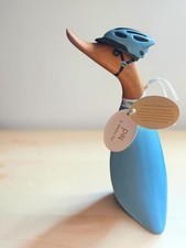 DCUK Ted Cyclist Duck Wooden Ornament Hand Carved  Bicycle Blue Helmet Wood picture