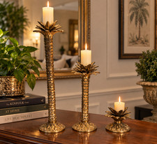 Maitland Smith Brass Palm Tree Candlesticks Set 3 Graduated 19” 12” 4” Thailand picture