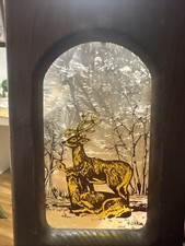 VTG 1970s Wooden Lantern Candle Holder Box Rustic Deer Woodland Glass Luminary picture