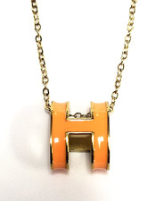 HERMES Pop Ash Pendant Necklace Orange x Gold H  Excellent Condition picture