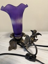Vintage Art Nouveau Purple Frosted Glass Lily Trumpet Cherub Desk Lamp NO BULB picture