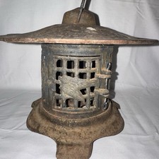 Vtg. Japanese Lantern Cast Iron Pagoda Candle Bird Bamboo Handle Hanging  Deco picture