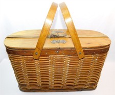 Antique Hawkeye Wooden Wicker Refrigerator Picnic Basket with Tin Insert Vintage picture