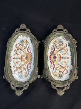 Antique Hua Rong Tang Zhi Ornate Porcelain Soap Dishes Brass Footed Floral picture