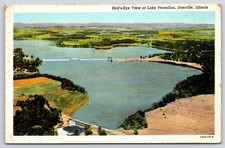 Vintage Lake Vermilion Danville Illinois Bird's Eye View Dam Postcard 1950s picture