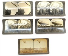 x5 Antique WW1 era STEREOVIEW B&W Cards with Zeppelin Blimps, Hot Air Balloons,  picture