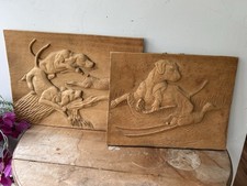 Vintage hand-carved wood relief wall plaques. Hunting Dogs Wood Wall Plaques. picture