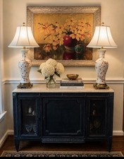 Vintage Chinoiserie Hand Painted Porcelain Lamps  Cherry Blossom 30” RARE PAIR picture
