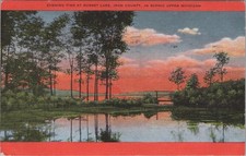 1954 Sunset Lake MI Linen Evening Sunset Iron County Upper Michigan Postcard picture