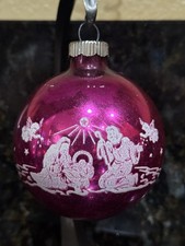 Vintage Rare Shiny Brite Glass Nativity BABY JESUS MARY Stencil Ball Ornament picture