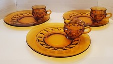 Vtg 1960s Indiana Glass Amber Kings Crown Thumbprint 3 Snack Plates with 3 Cups picture