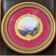 Antique c.1900 Framed Porcelain Scenic Plate Hand Painted Alpine Landscape Gilt picture