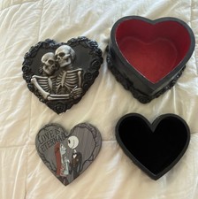 Lot of 2 Gothic Heart Trinket Boxes Skeleton Lovers & Nightmare Before Christmas picture