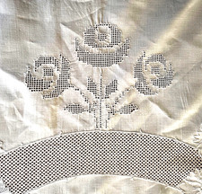 Vintage Linen Tablecloth with Hand Embroidery and Pulled Thread Lace  B397 picture