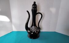 Vintage Black Glass Etched Floral Design Decanter Vase with Stopper and Spout picture