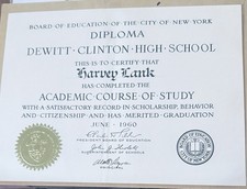 1960 Dewitt Clinton High School Bronx, New York Graduation Diploma w/ Envelope picture