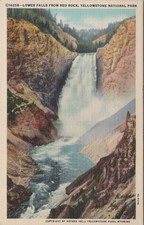 Lower Falls of the Yellowstone WY Linen Red Rock Postcard picture