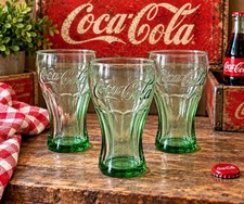 3 Vintage Libbey Coca-Cola Georgia Green Contour Glasses 16oz Embossed Coke Set picture