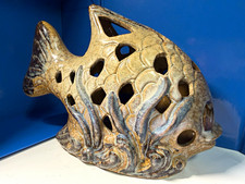 Ceramic Openwork Fish Figurine, Glossy 3D Effect, Beige/Blue/Brown, set of 2 picture