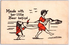 VINTAGE MAUDE WITH HER LITTLE BEAR BEHIND BEACH PUN 1907 COMIC POSTCARD PK picture