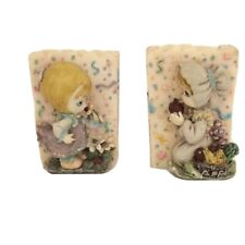Wall Hanging Decoration Two Small Girls Carved Molded Figurine Opening basket  picture