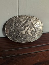 Vintage Crumrine Polo Horse Riding Silver Plate Belt Buckle picture