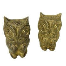 Vintage MCM Brass Set of Two Horned Night Owl Bookends Gold Figurines picture