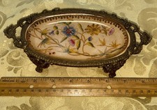 Antique Hua Rong Tang Zhi Ornate Trinket Soap Dish Brass Footed Floral picture
