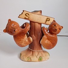 VNTG Occupied JapanCeramic Bear cubs Salt & Pepper w/ Tree Holder Stand 3pc picture