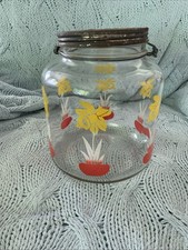 Antique Hoosier Style Glass Jar Wood Handle Metal Lid One Gal Flower Daffodil picture