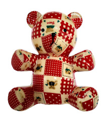 Rare Vintage Red Patchwork Glazed Fabric Ceramic Teddy Bear 7 inch Coin Bank picture