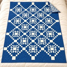 Handmade Blue White Hand Quilted Star Patchwork Throw Blanket 51X67 Farmhouse picture