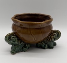 Elephant Planter Bowl Trunk Up Green Brown  Pottery Ceramic Porcelain 5” Tall picture