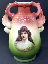 Antique Victorian Vase Muse Lady Portrait Painted Double Handle Ombre 5.5