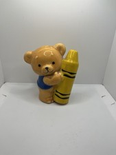 Vintage Teddybank Ceramic Bear Holding Yellow Crayon Coin Bank Nursery Decor picture
