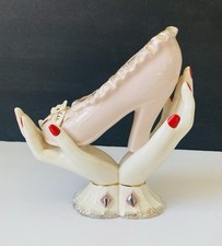 Vintage 1950’s Lady Hand Vase Holding a High Heel Shoe w/ Flowers & Gold Trim picture
