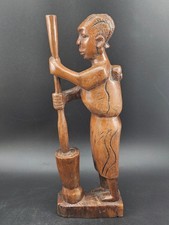 Vtg African Hand Carved Wood Figure Woman Grinding Grain Mortar Pestle Folk Art picture