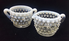Vintage Fenton Hobnail Opalescent Moonstone Glass Creamer & Sugar Set~2