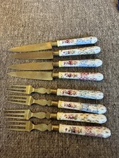 Antique 1800s Dresden Porcelain Handle Knife Fork Set Germany Stahl Bronce 8pc picture