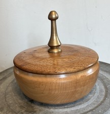 Vintage Handcrafted Signed Round Lidded Wood Bowl With Finial Walnut/Apple Wood picture