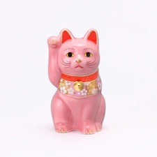 Japanese Hand Painted Lucky Cat Maneki Neko Pink Sakura Yakushigama Seto picture