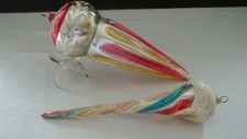2 XLG Vintage Christmas Ornaments Ice Cream Cone Shape w/mica/colorful stripes picture